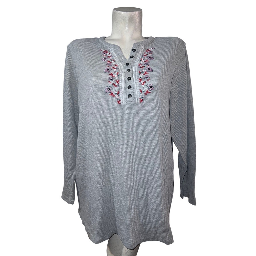 Woman Within Gray Waffle Knit Henley Top Floral Embroidered Long Sleeve 1X